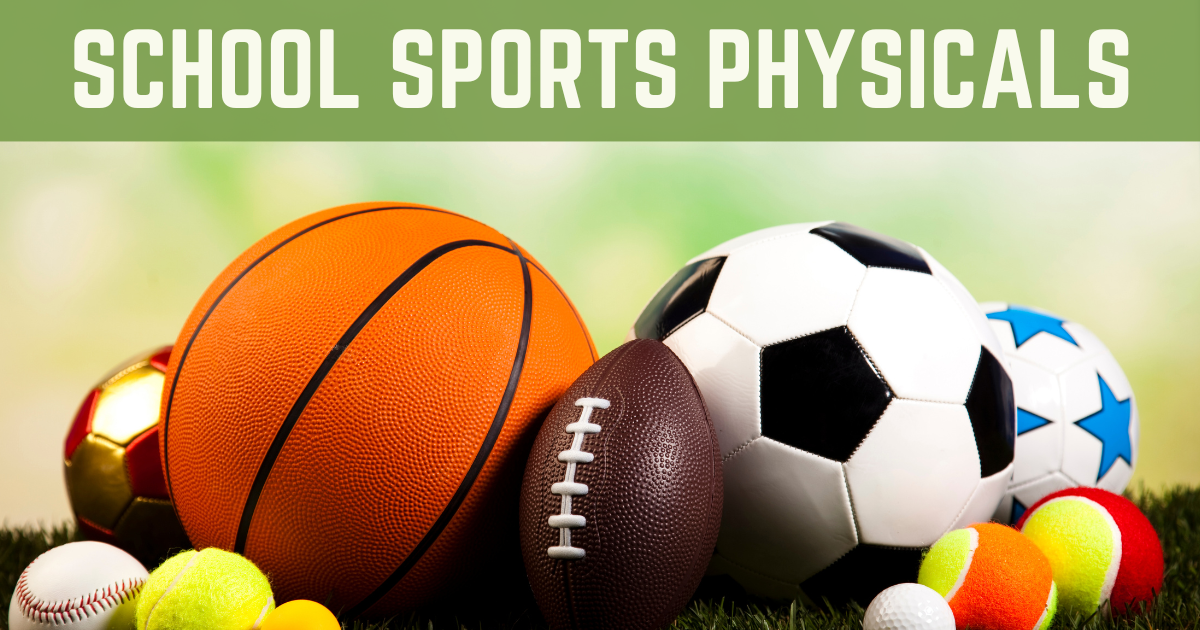  Words School Sports Physicals with a variety of sports ball on the grass